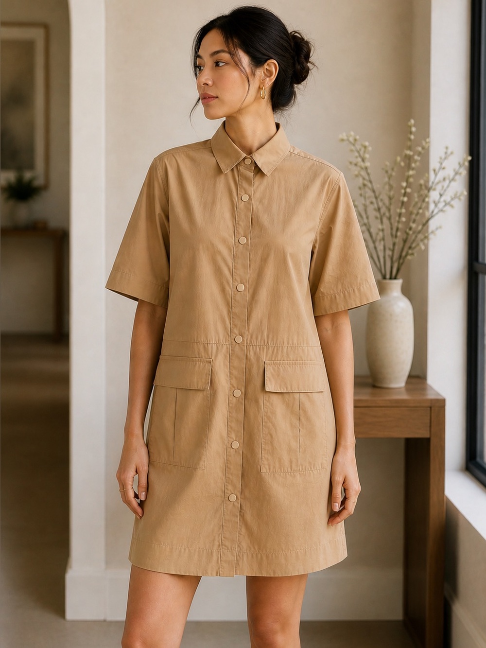 Short Button-Front Mini Dress in Tan